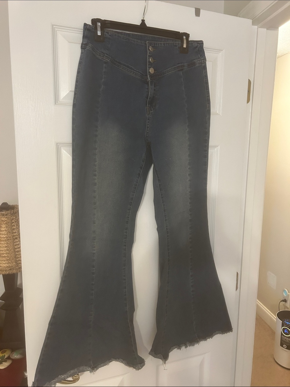 Allegra K Dark Blue High-Rise bell Flared Jeans with Raw Hem